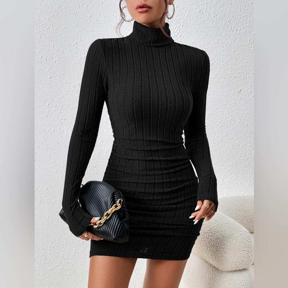 Black Ribbed Turtleneck Dress